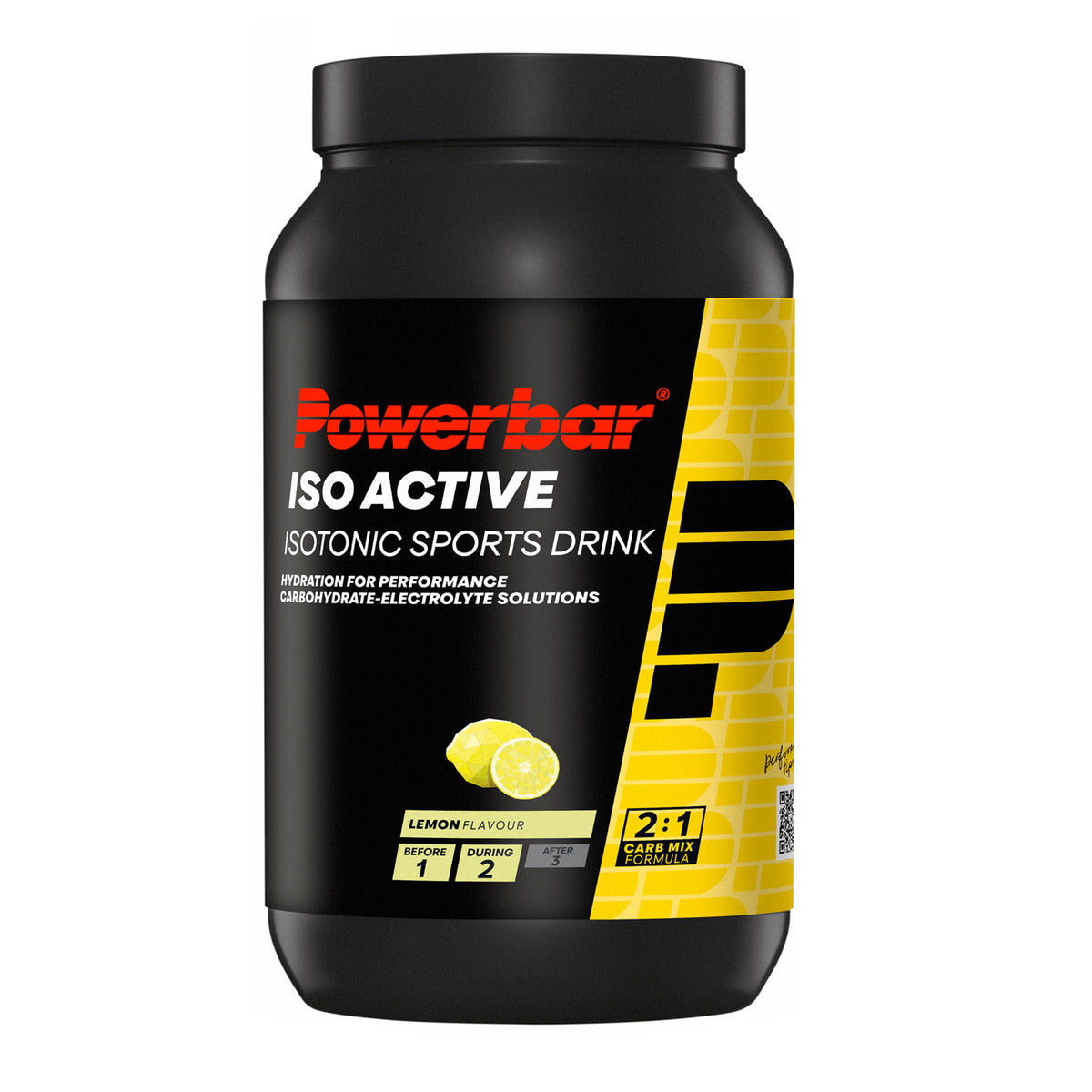 Powerbar IsoActive lemon sportdryck, svart behållare med gul etikett och textpanel