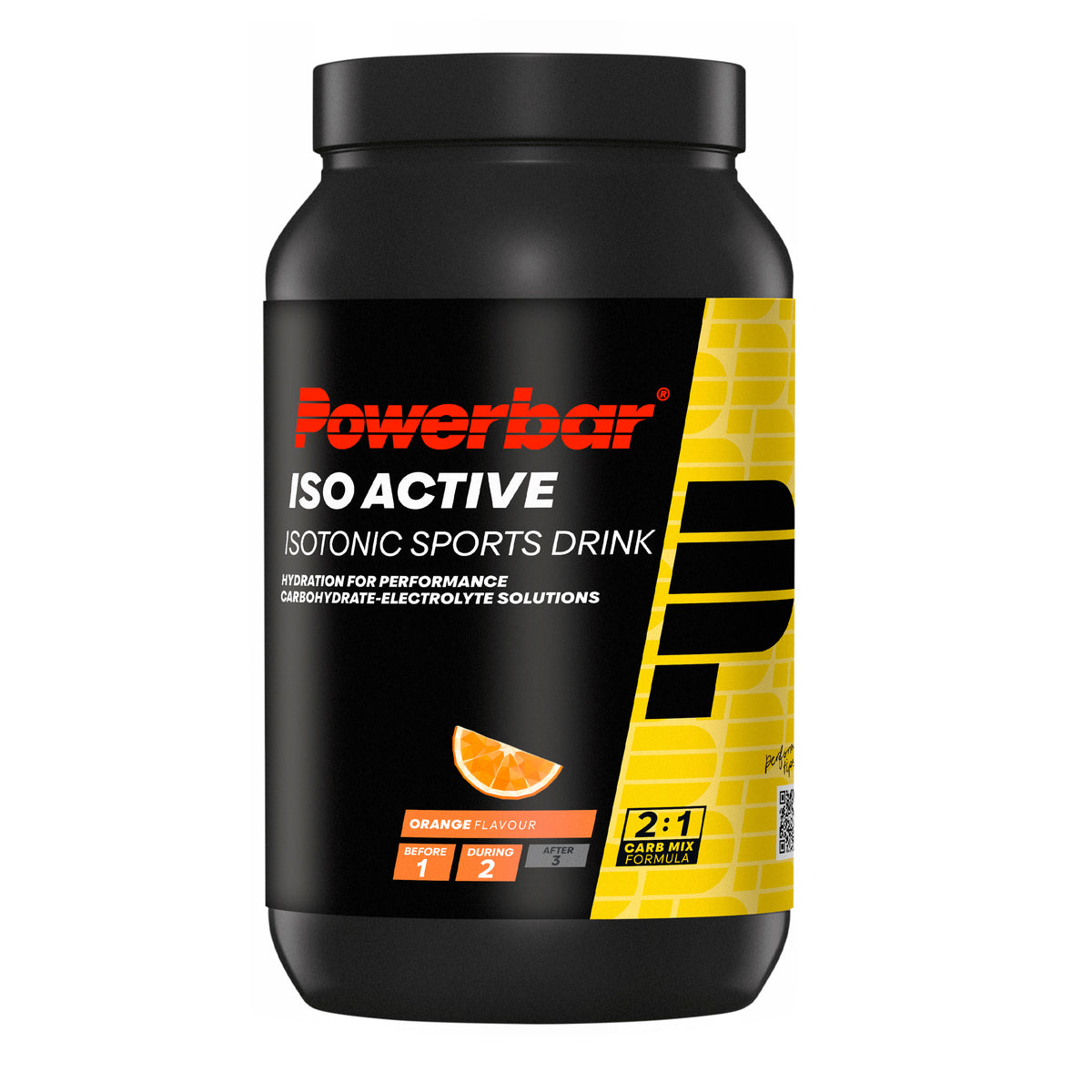 Powerbar IsoActive sportdryck i svart burk med gul sidodesign och orange smak