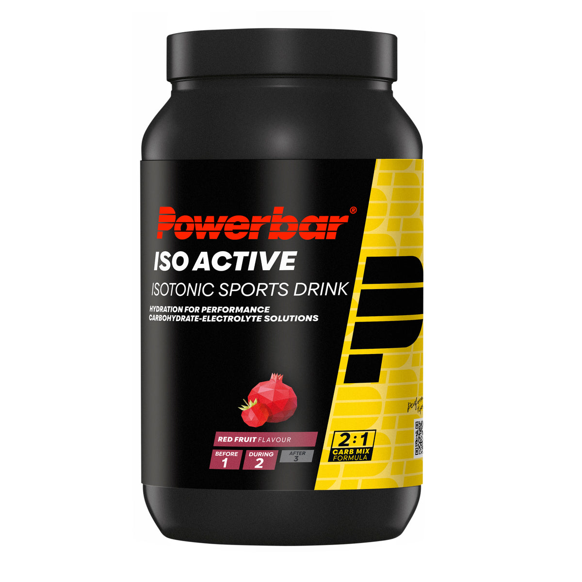 Powerbar IsoActive sportdryck i svart burk, gul sidopanel och röda fruktillustrationer