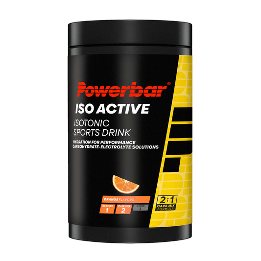 Powerbar IsoActive sportdryck i svart burk med orange-citrusskiva