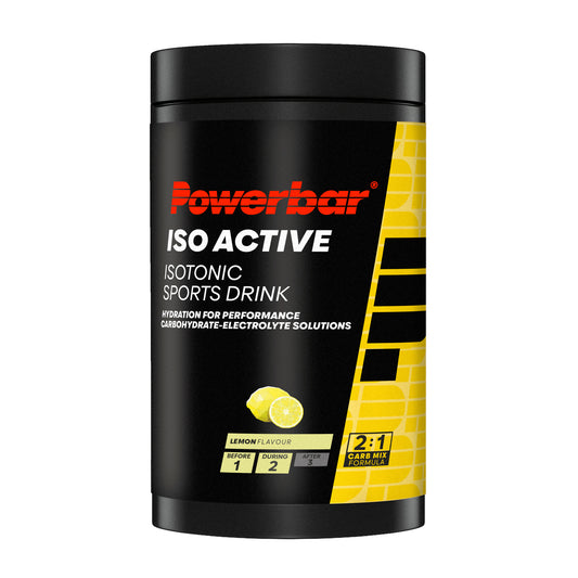 Powerbar IsoActive lemon sportdryck, svart behållare med gul etikett och citrusskiva