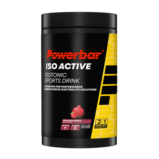 Powerbar IsoActive sportdryck i svart burk med gul etikett och röda fruktbilder