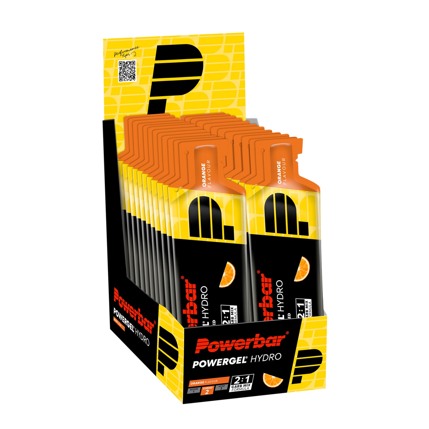 Powerbar PowerGel Hydro orange sportgeler i kartongförpackning, flera påsar