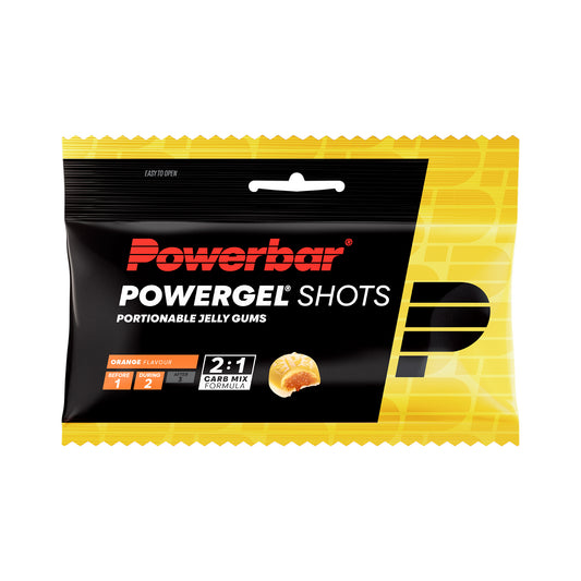 PowerGel Shots-enskild påse med orange vingummi, svartgul förpackning