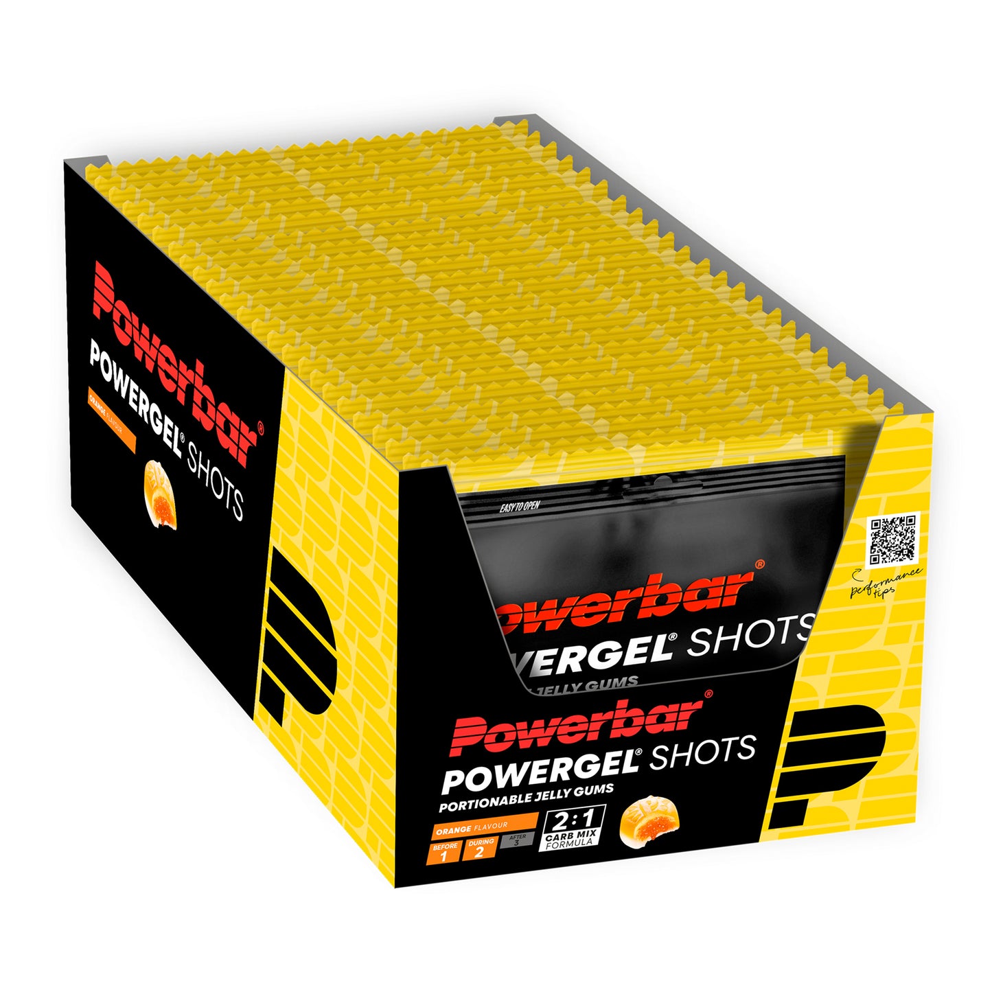 PowerGel Shots-förpackning med orange vingummidosor, 24 påsar