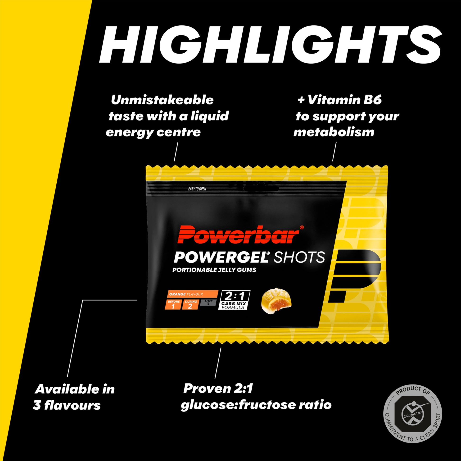 PowerGel Shots-förpackningspåse med orange vingummi, innehållsinfo