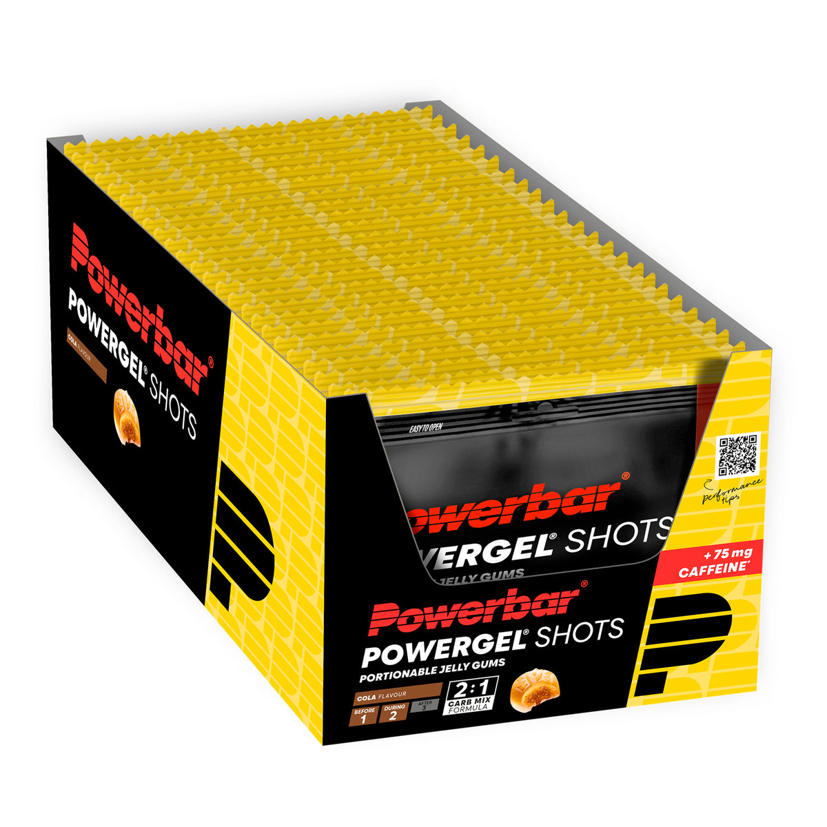 Powerbar PowerGel Shots gelkapsel-låda i svart och gult, 24 påsar