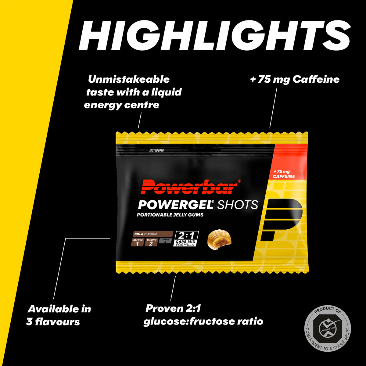 Powerbar PowerGel Shots påse med koffein, svartgul förpackning med tydlig layout