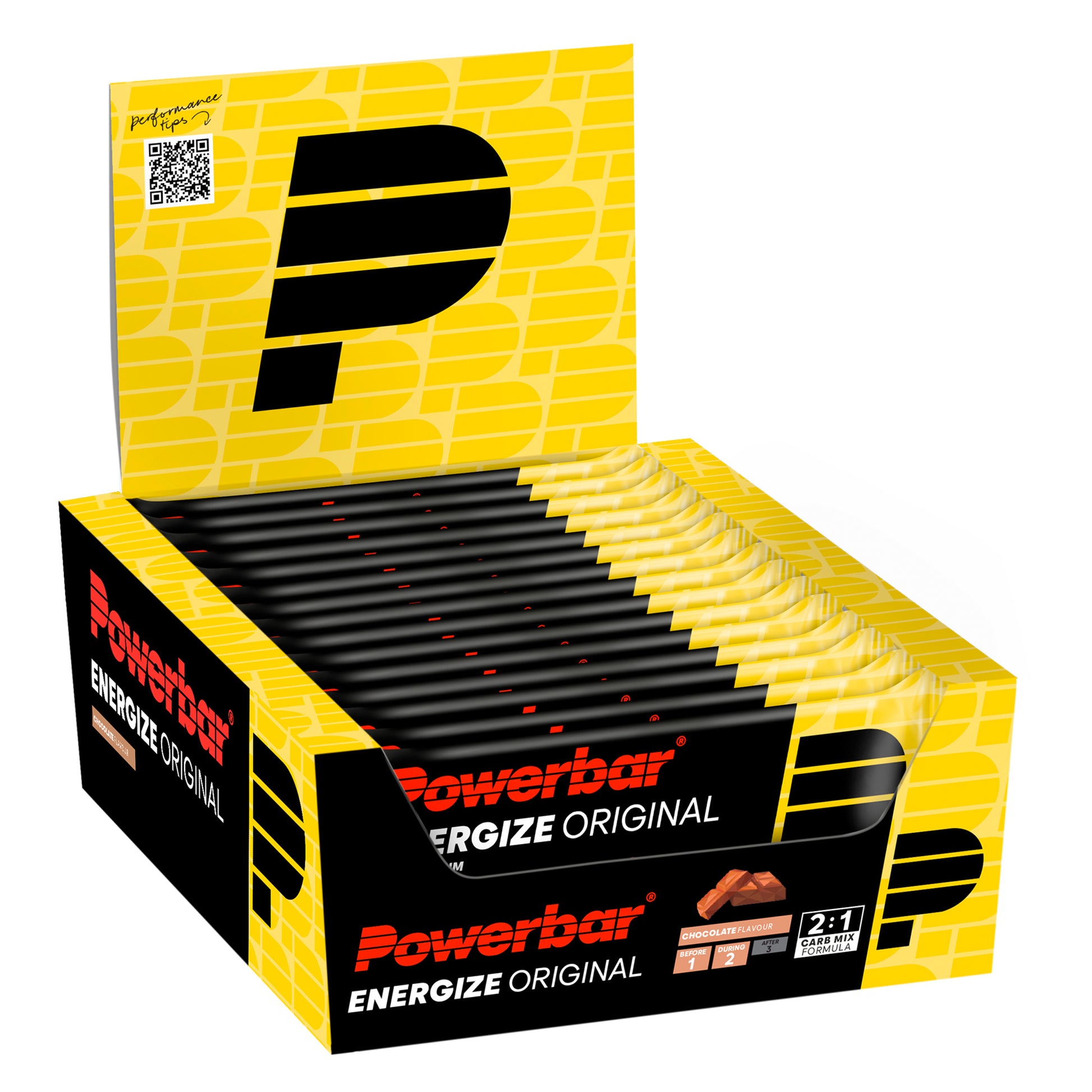 Powerbar Energize Original energibar-låda med flera chokladbarer i kartong
