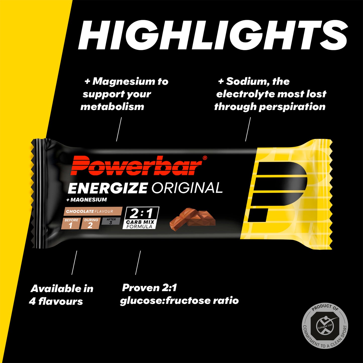 Powerbar Energize Original energibar med chokladsmak, svart/gul förpackning med fördelar