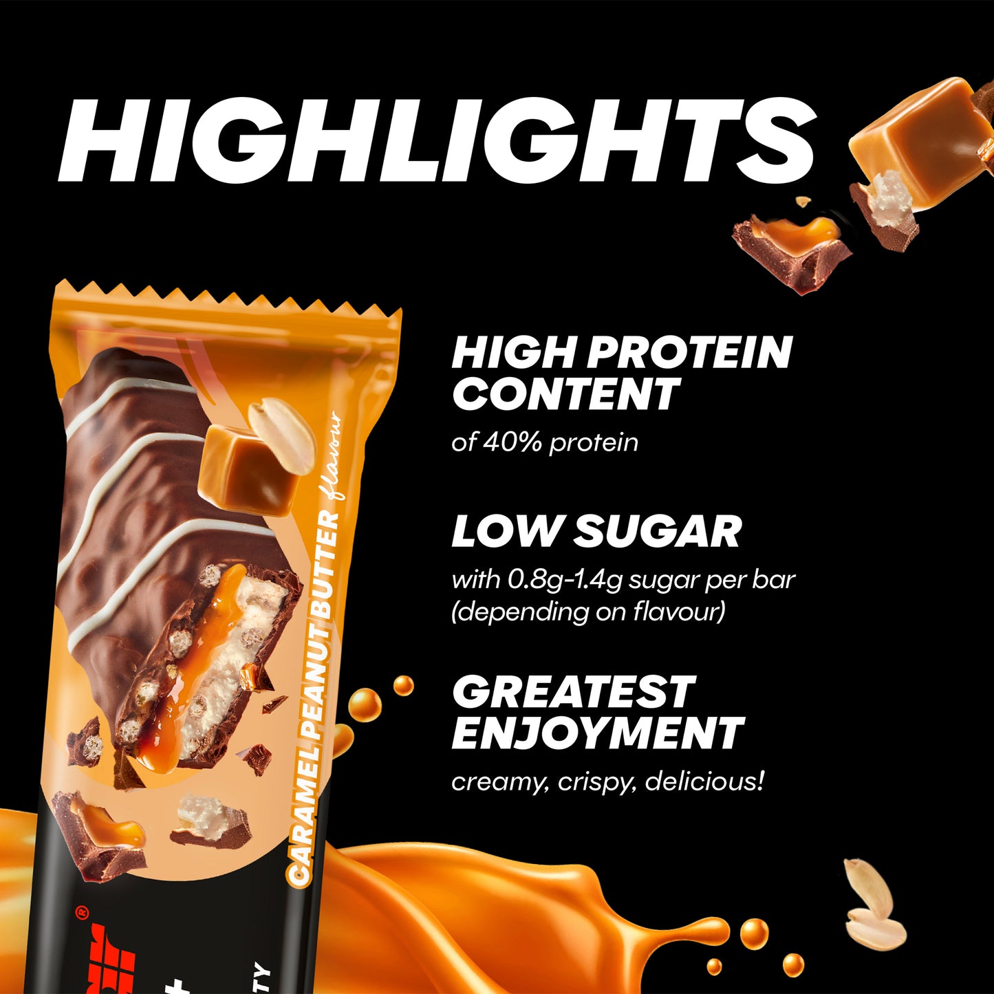 Powerbar proteinbar-omslag med karamell jordnötssmör, 40% protein, låg sockerhalt