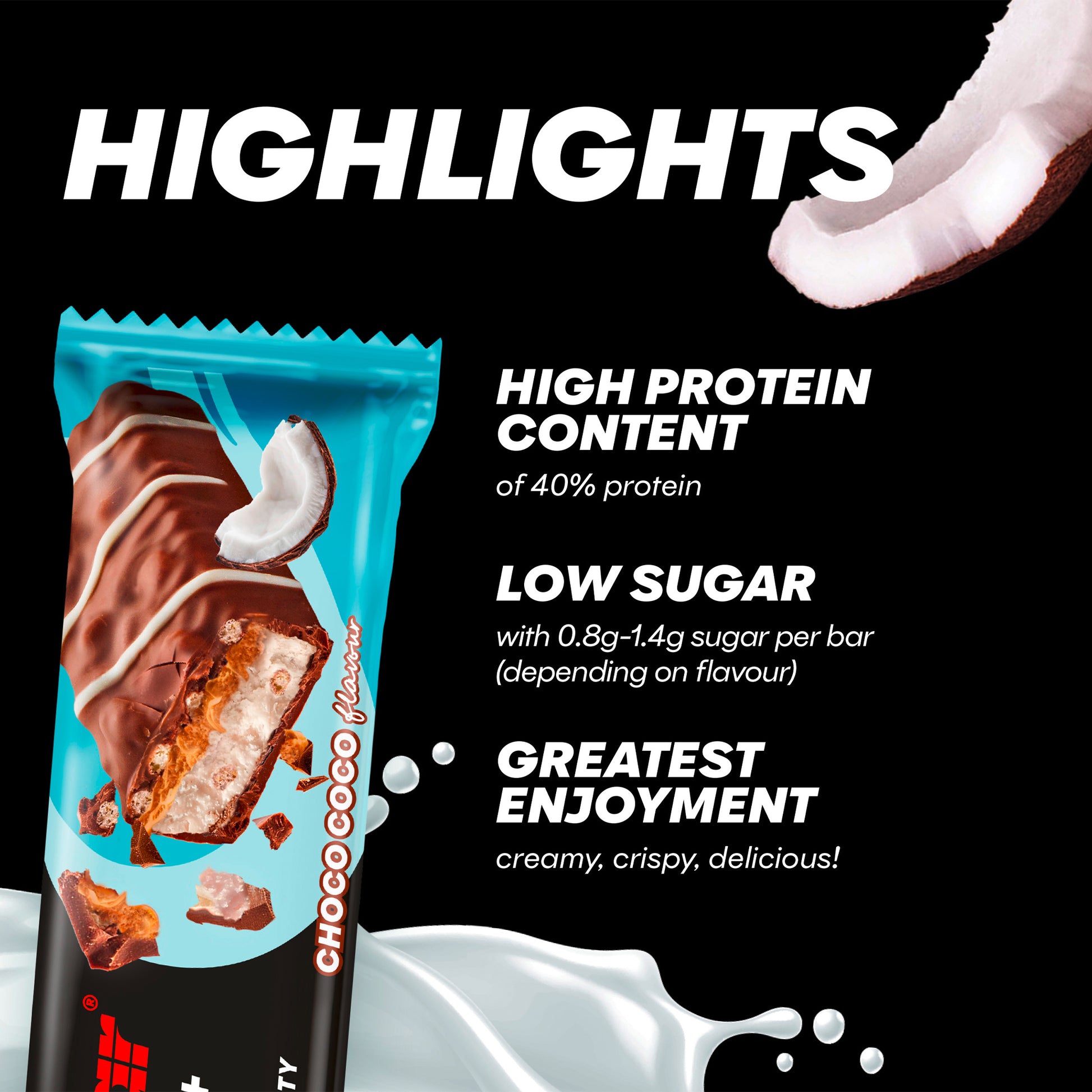 Powerbar Choco Coco-proteinbar, förpackningsdetalj