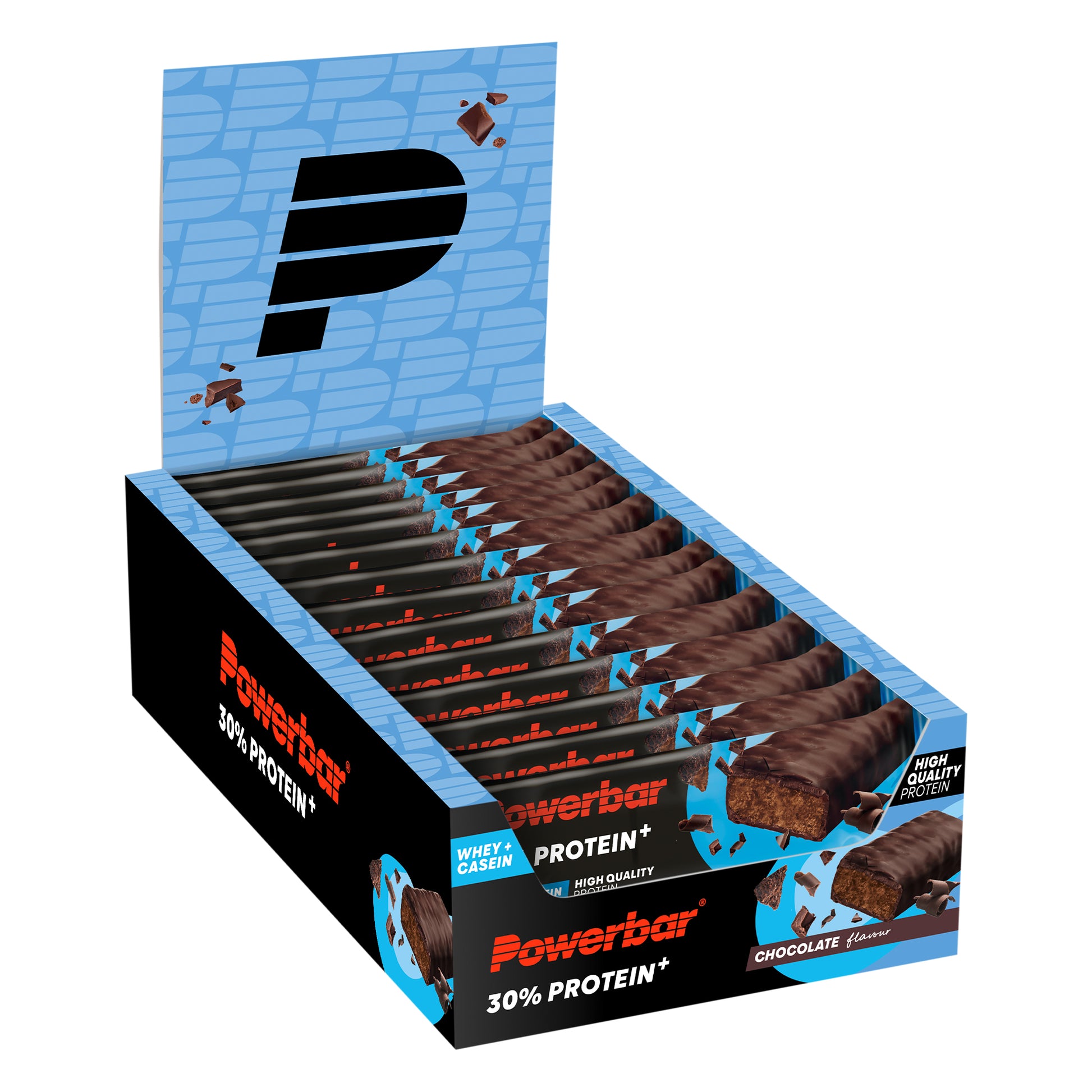 Proteinbar-låda med choklad, 30% protein, Powerbar (15 barer i kartong).