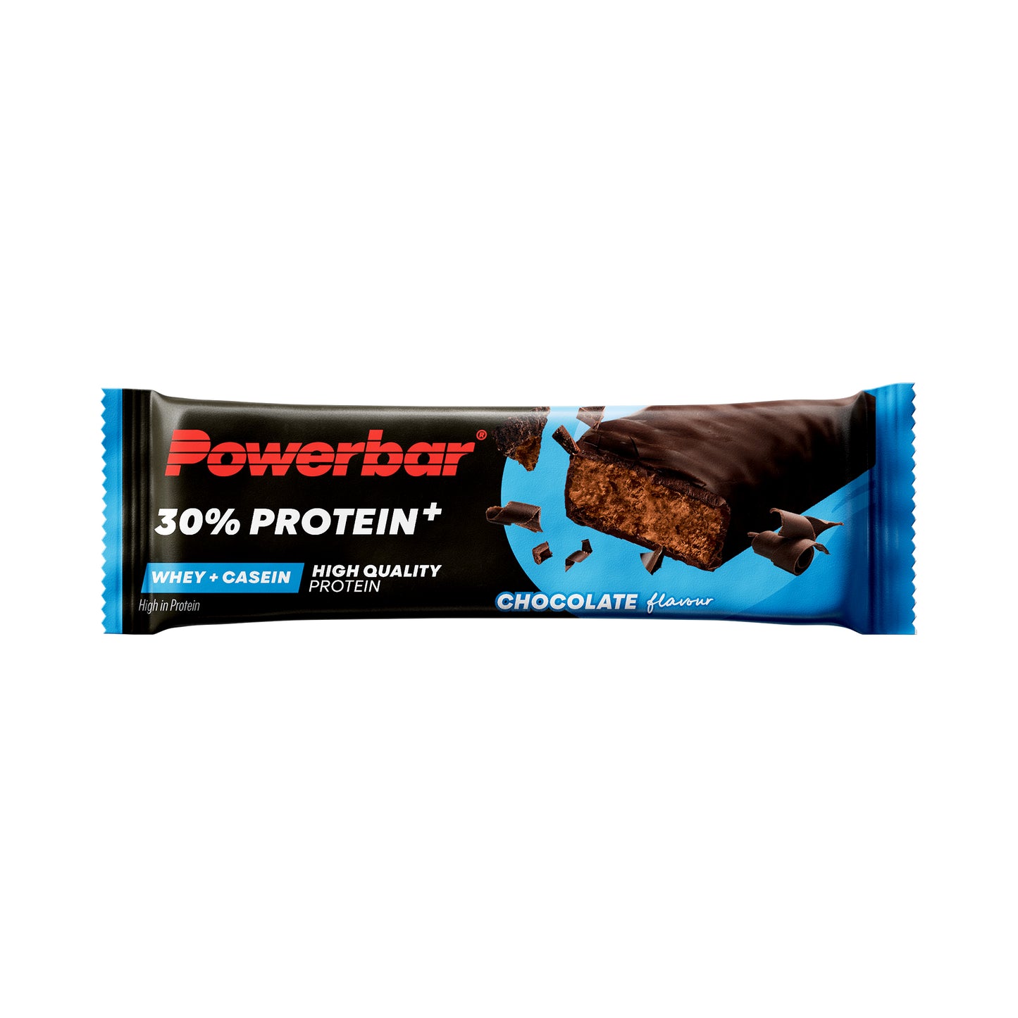 Powerbar 30% protein+ chokladproteinbar i avlångt blått omslag.