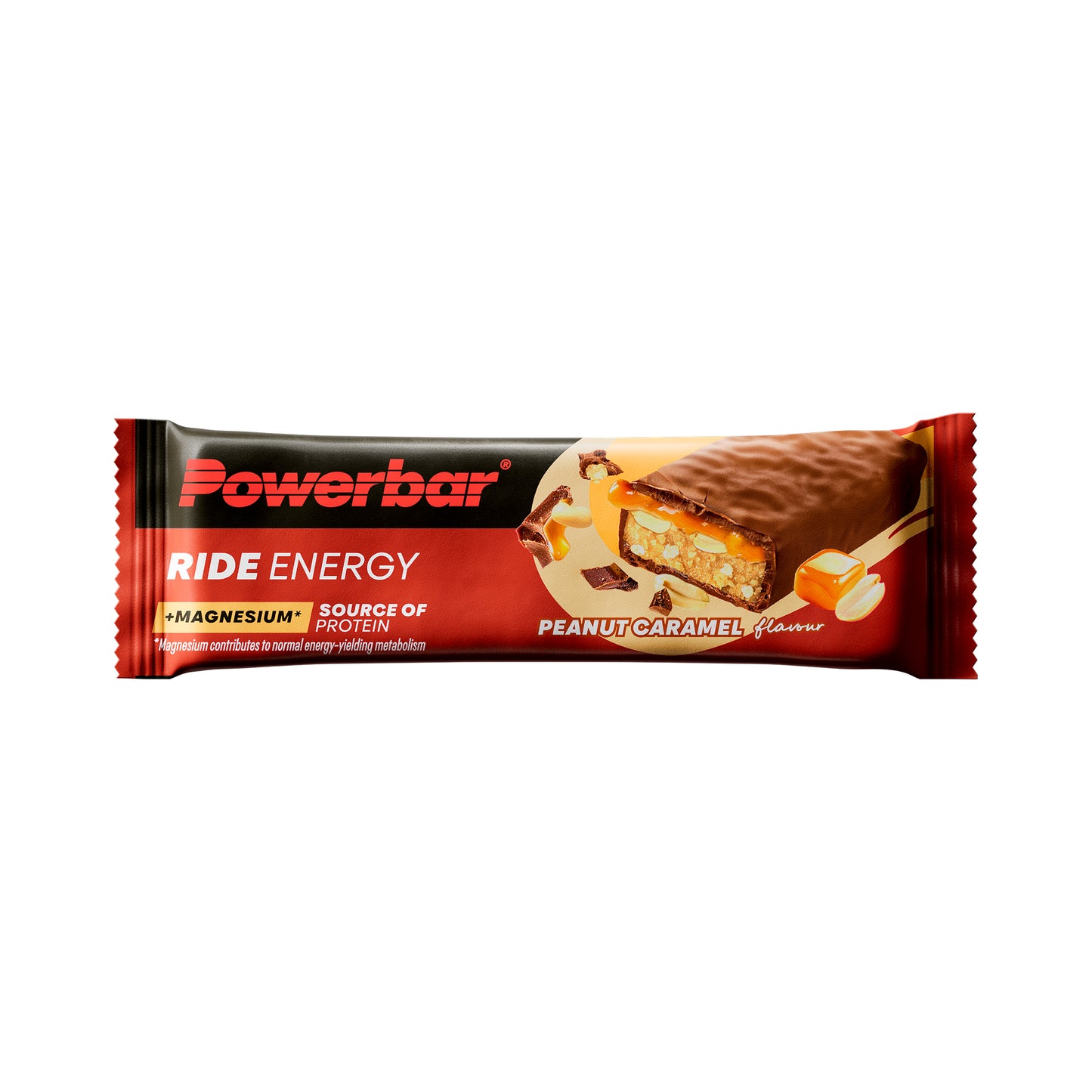 Energi-bar i omslag med jordnöt och karamell, Powerbar Ride Energy.