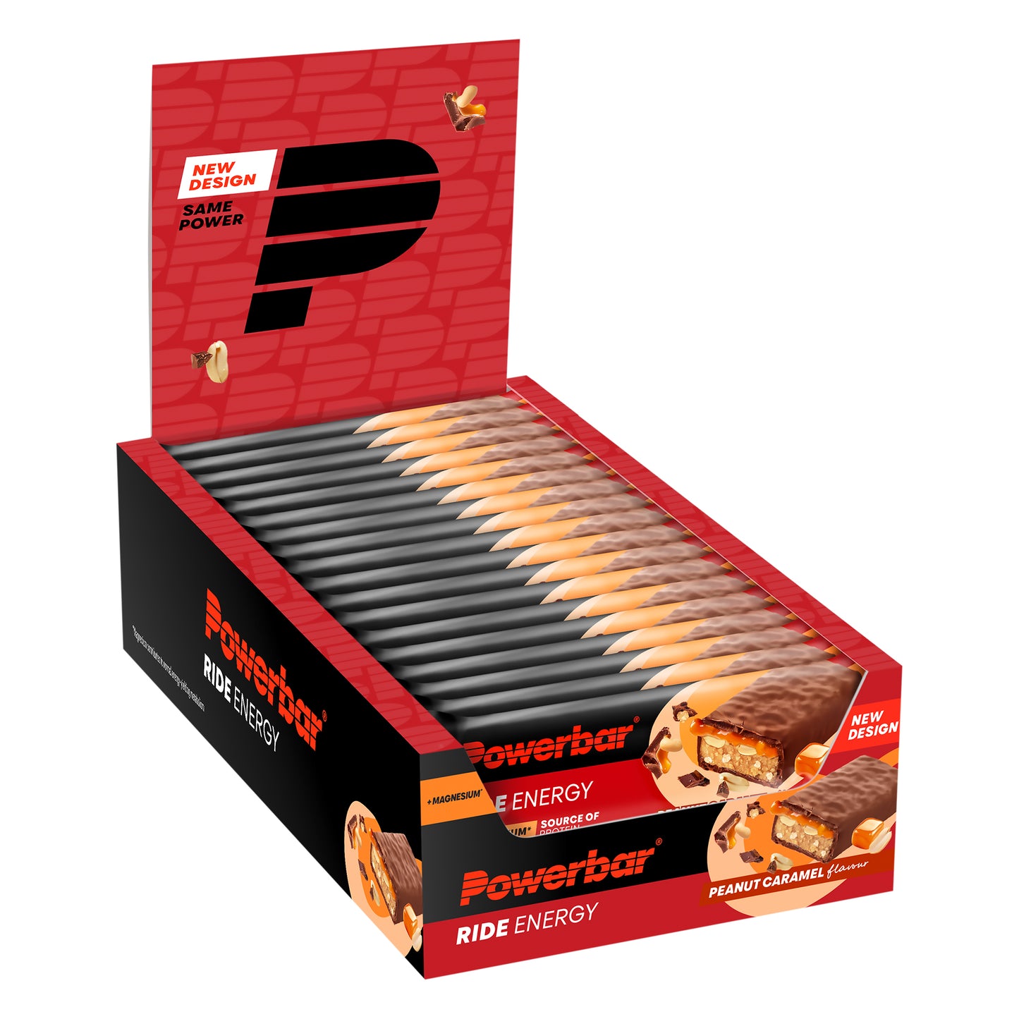 Energi-bar med jordnöt och karamell, Powerbar Ride Energy i kartongförpackning.