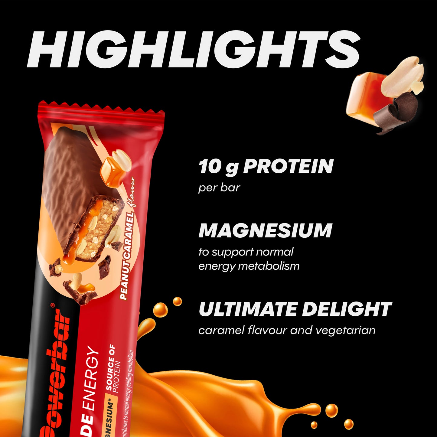 Energi-bar med jordnöt och karamell i röd förpackning, 10 g protein per bar.