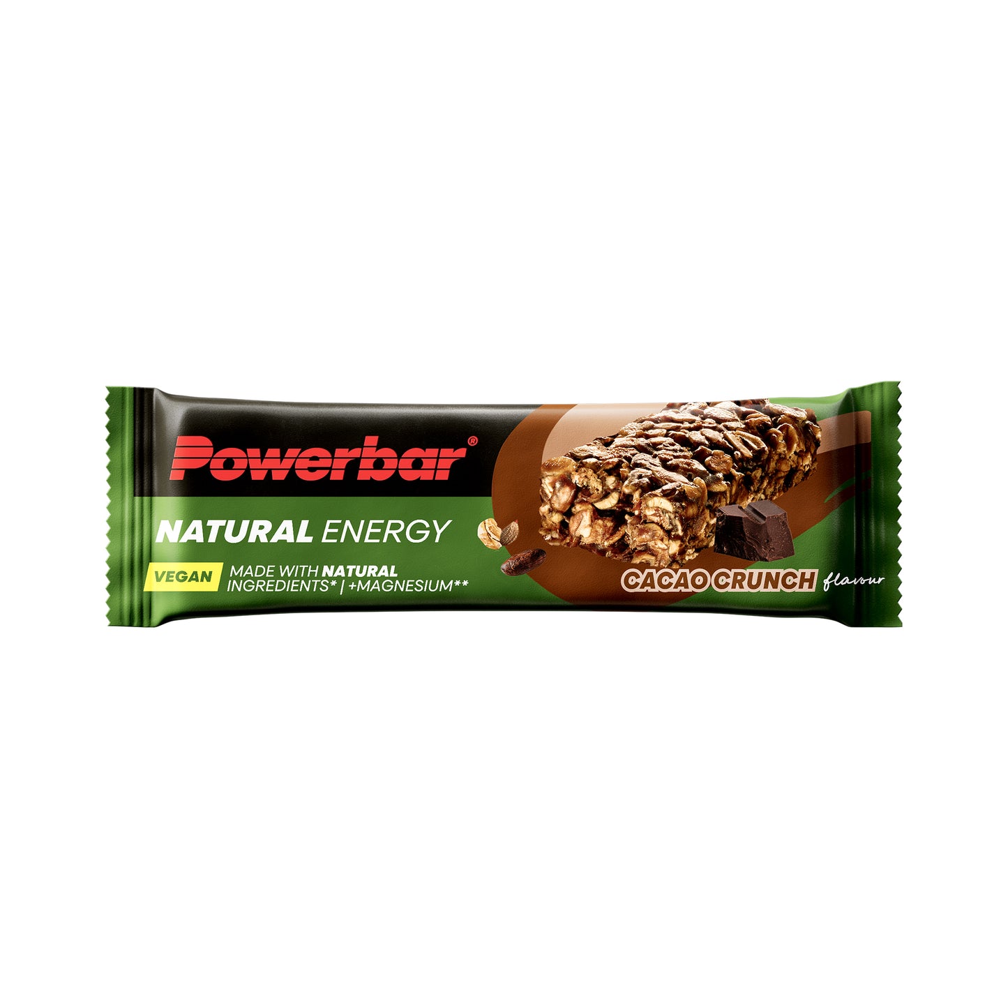 Powerbar Natural Energy Cacao Crunch energibar i svartbrun omslag med kakao-crunch