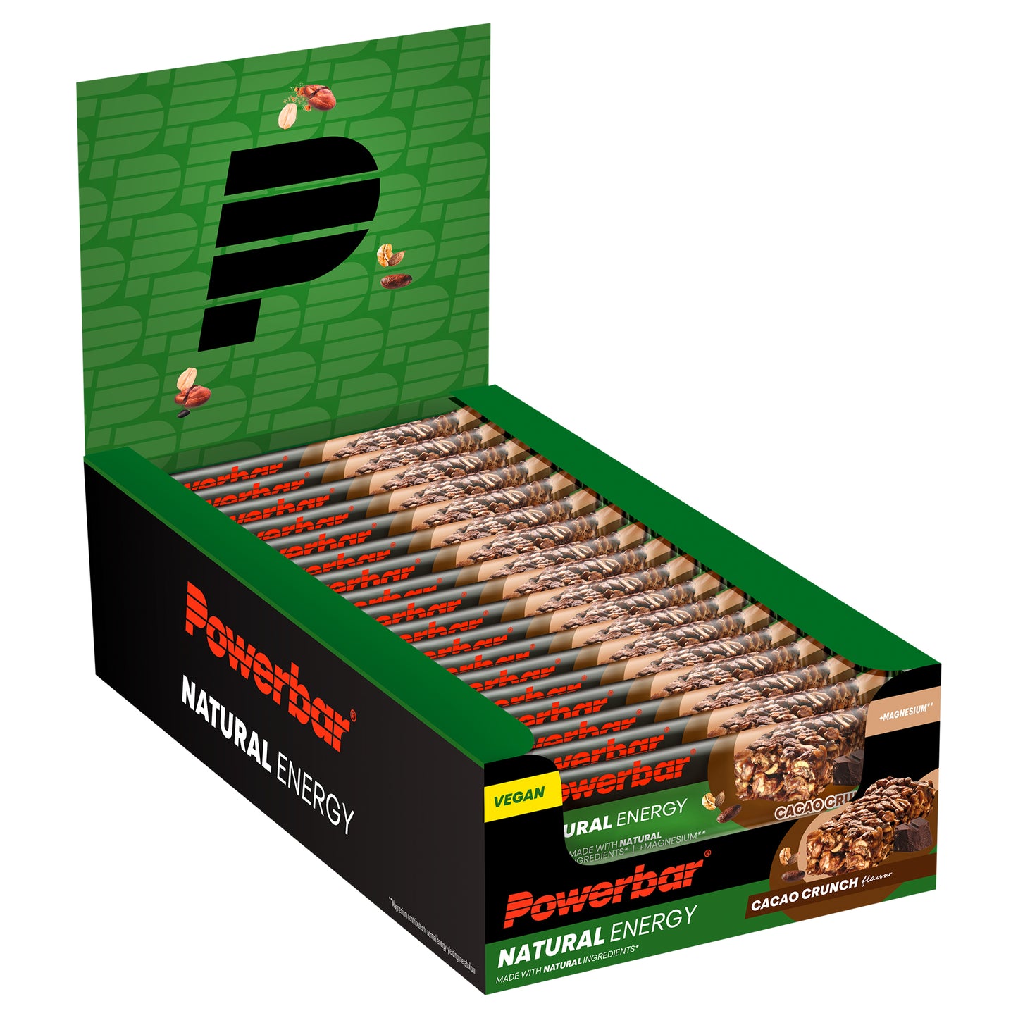 Powerbar energibars låda Cacao Crunch, grön och svart kartong med öppnad rad