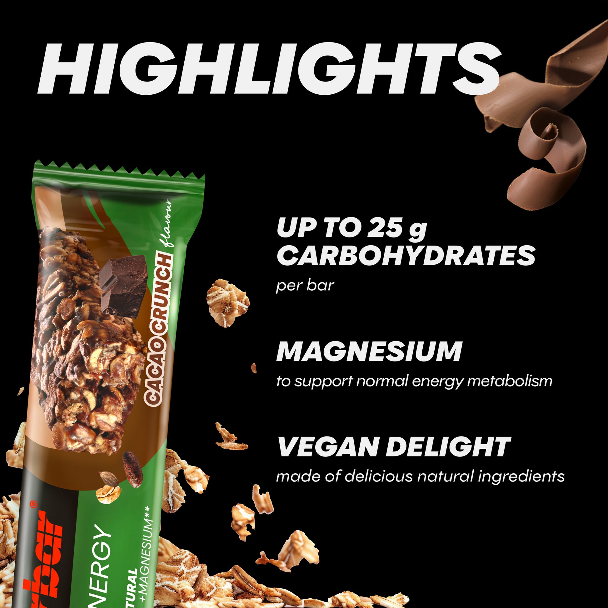 Powerbar Cacao Crunch energibar, påse med text om kolhydrater och magnesium