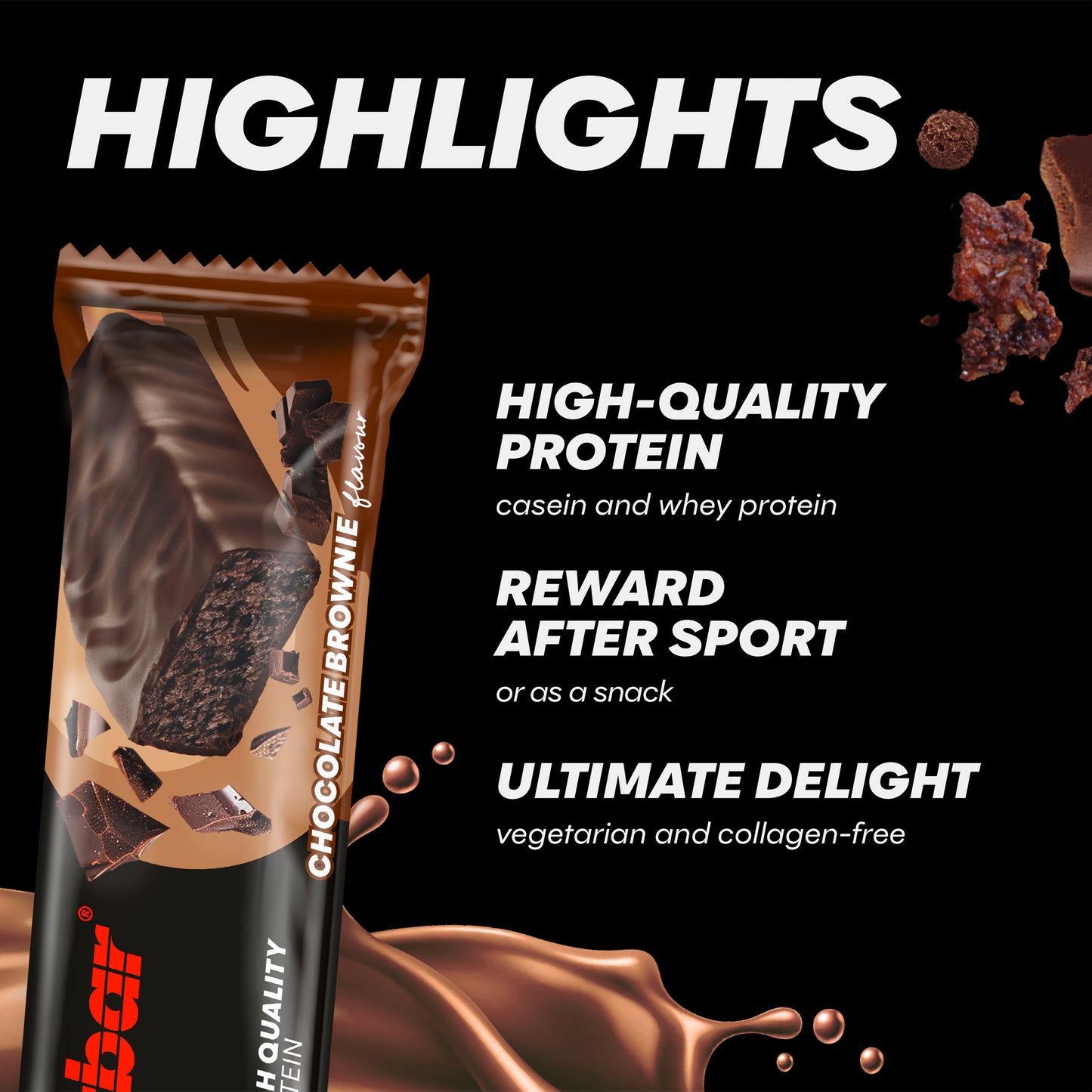 Chokladbrownie-proteinbar i brun förpackning