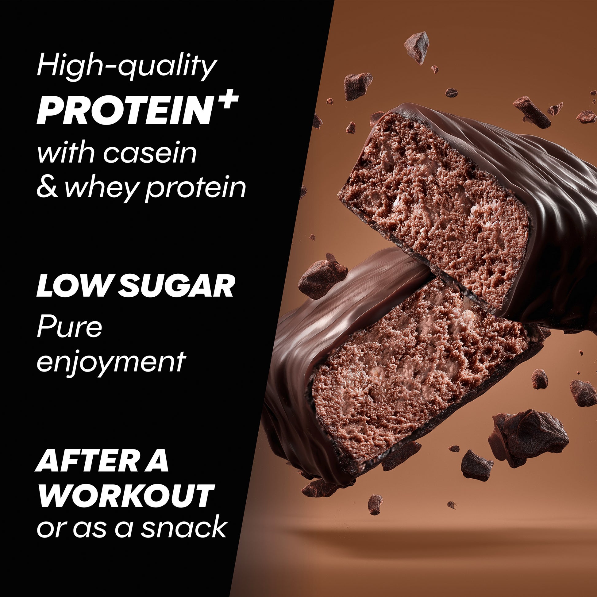 Chokladbrownie-proteinbar med omslag i brun ton