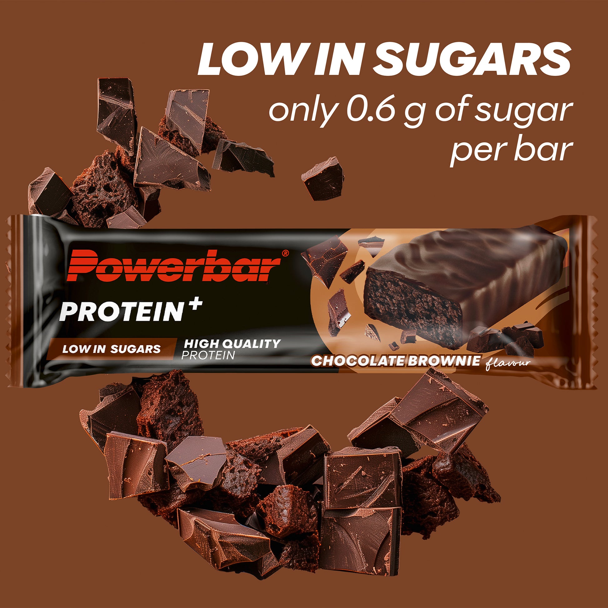 Powerbar Protein+ proteinbar i brunt omslag med chokladbitar
