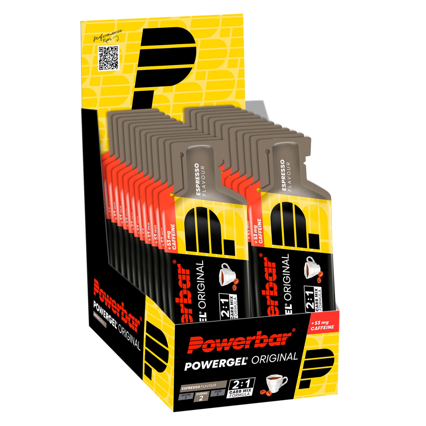 Låda med flera Powerbar PowerGel Original energigeler i espresso-smak