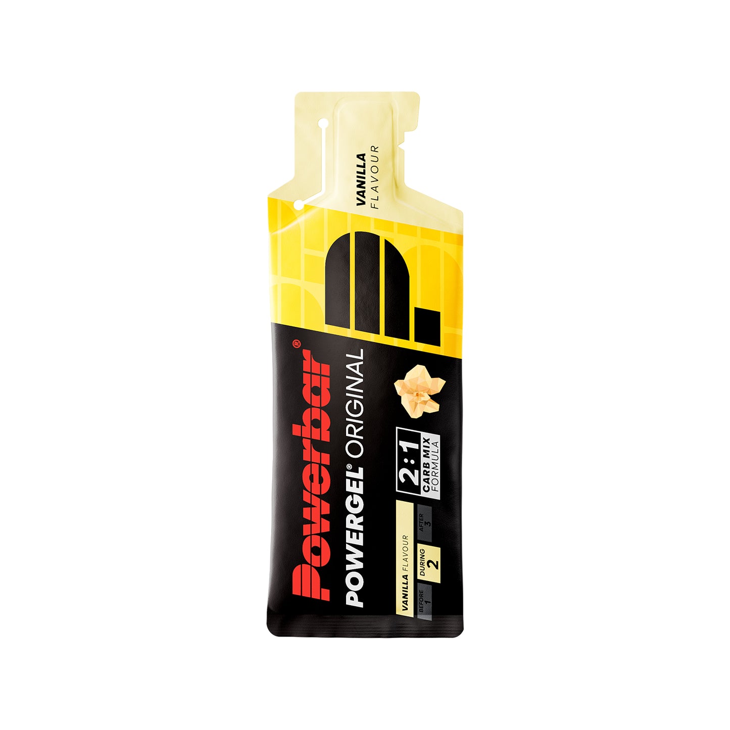 Powerbar PowerGel Original vanilj, en gelförpackning med pip och gul etikett.