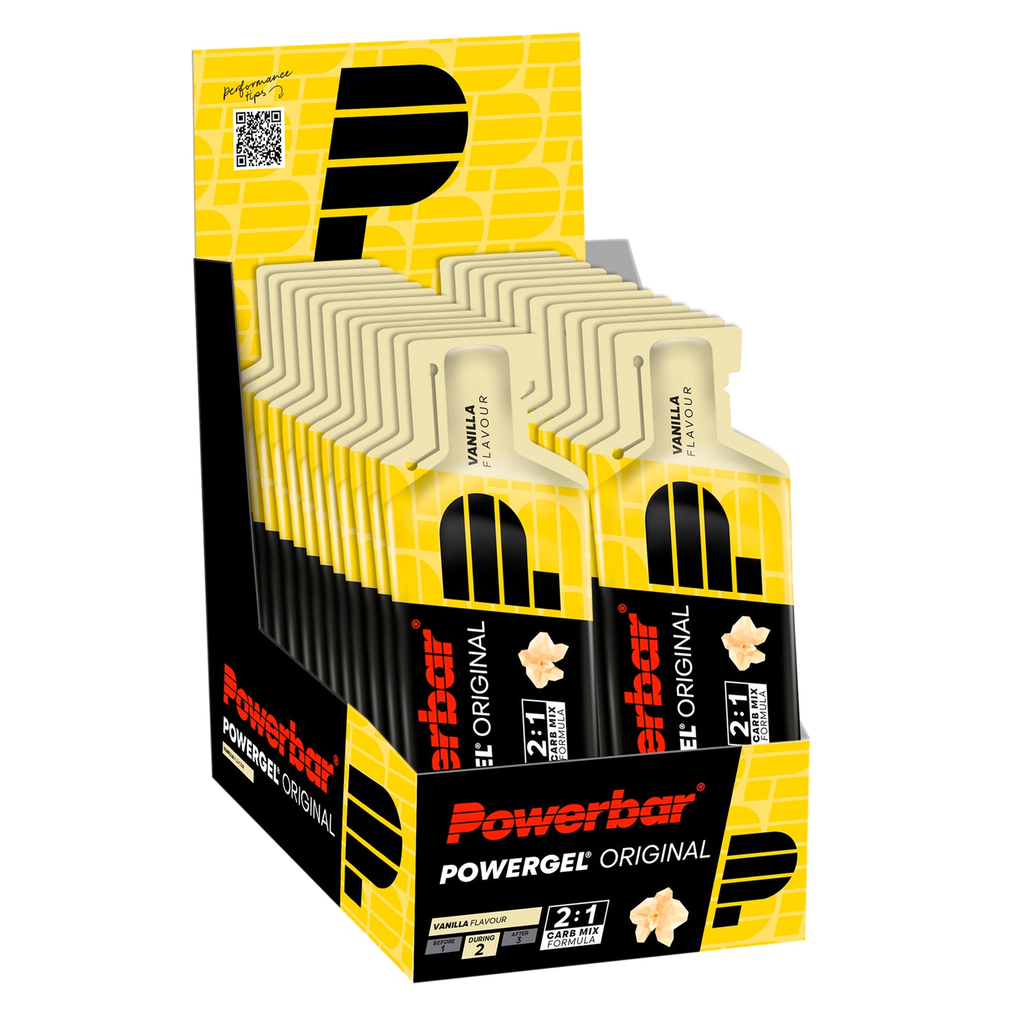 Powerbar PowerGel Original vanilj, kartong med flera gelförpackningar i gul/svart.