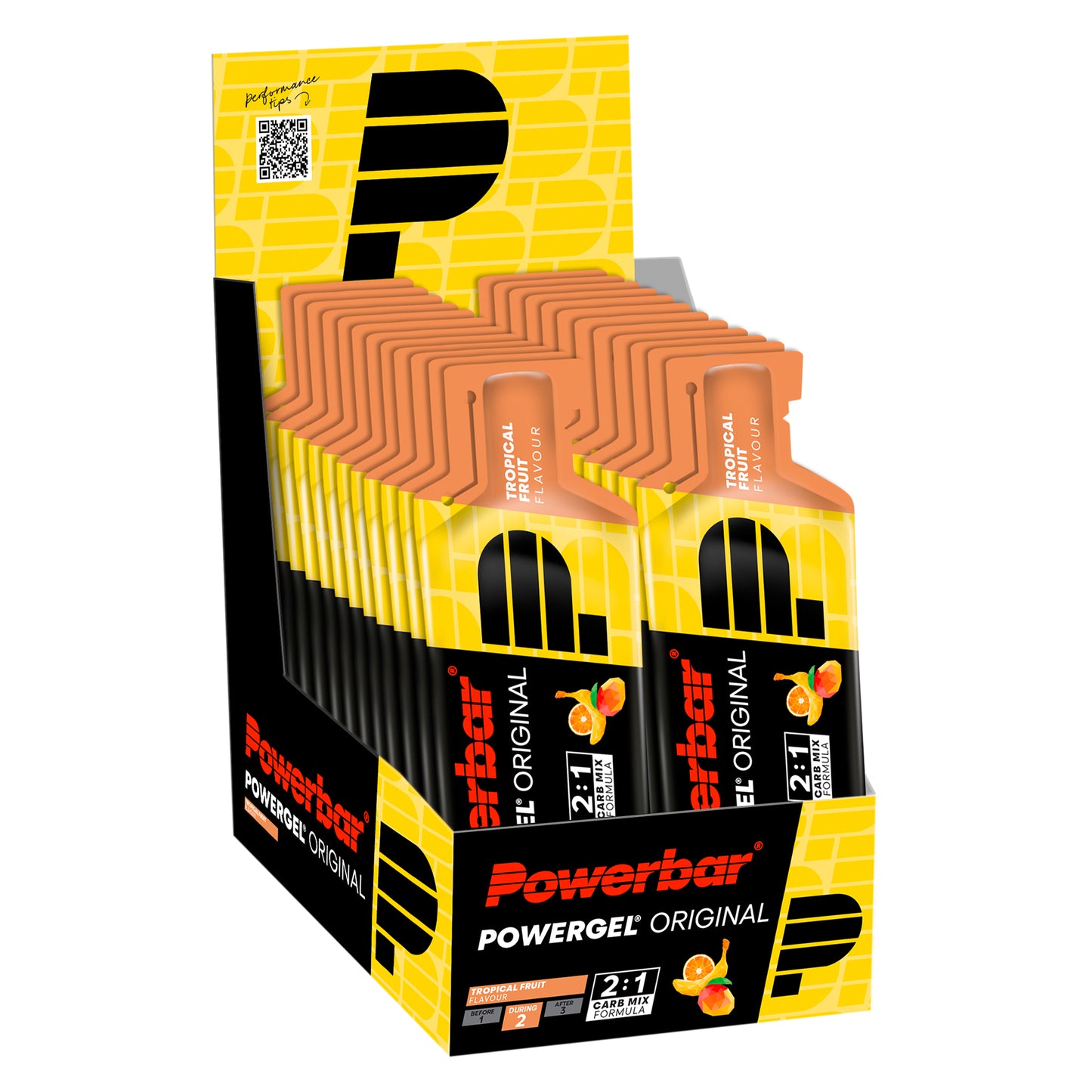 Powerbar PowerGel original förpackningslåda med flera energigeler, tropisk frukt