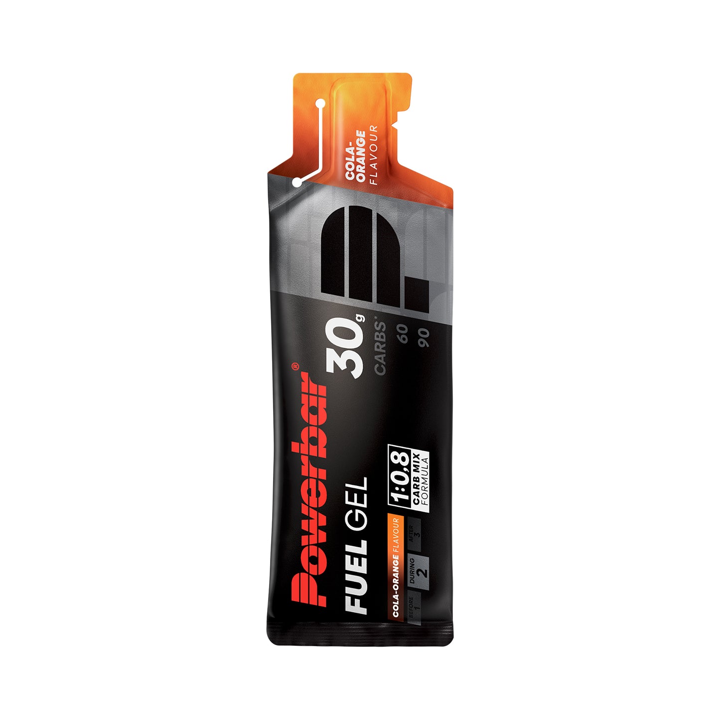 Powerbar Fuel Gel 30 sportgel i svart förpackning med orange topp och Cola-Orange.