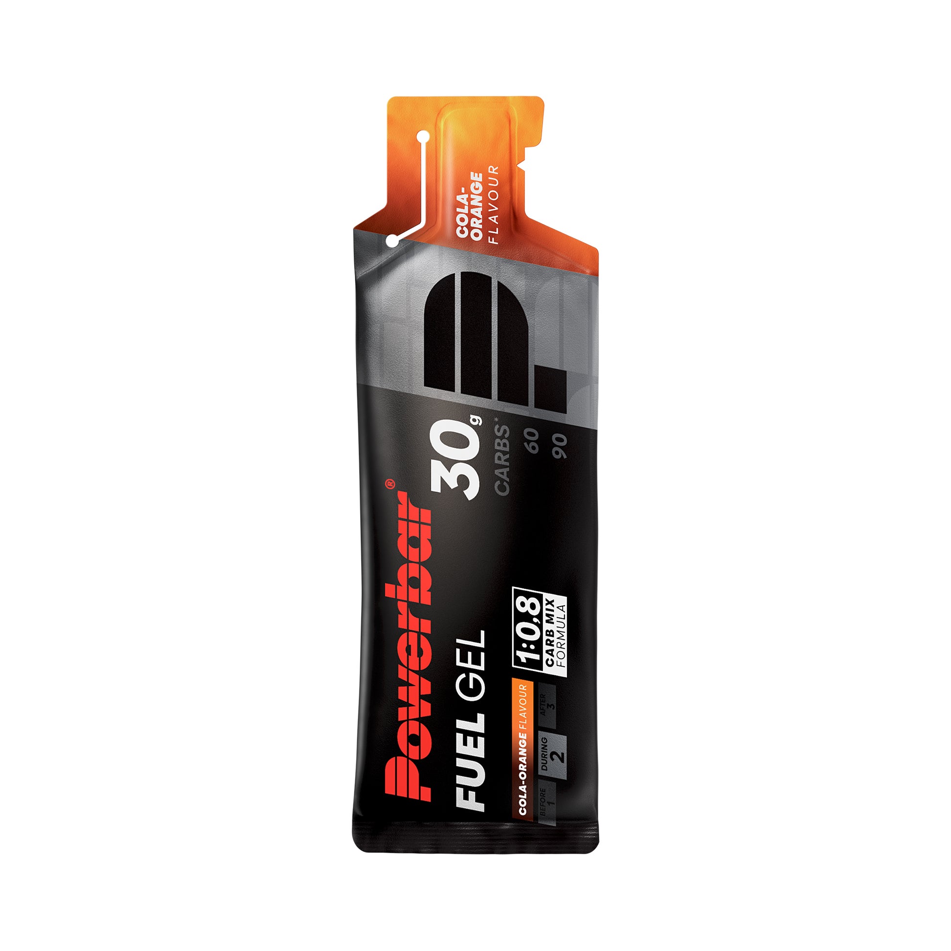 Powerbar Fuel Gel 30 sportgel i svart förpackning med orange topp och Cola-Orange.