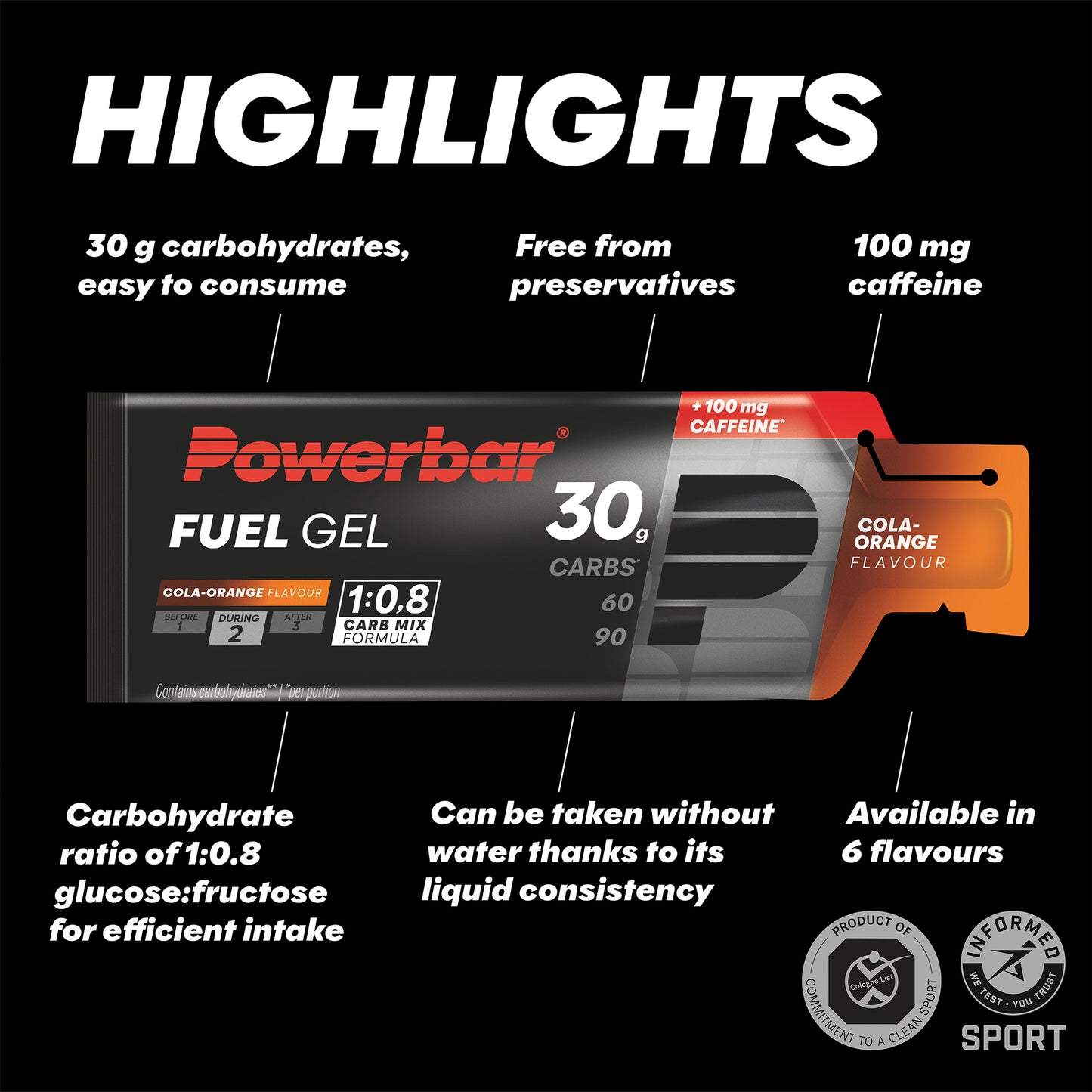 Bränslegel Powerbar Fuel Gel 30 g, cola-orange, 100 mg koffein per gel