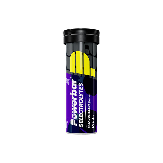Powerbar elektrolyttabletter: svartlila flaska med gul logga