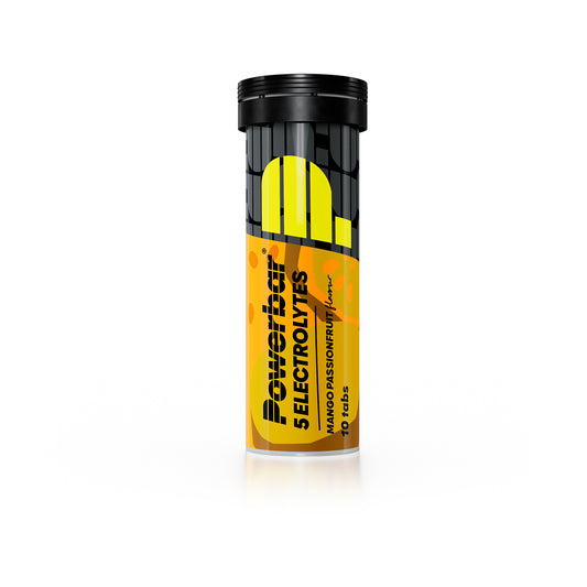 Powerbar 5Electrolytes-tablettburk med mango- och passionfruktsmak, mörkt lock