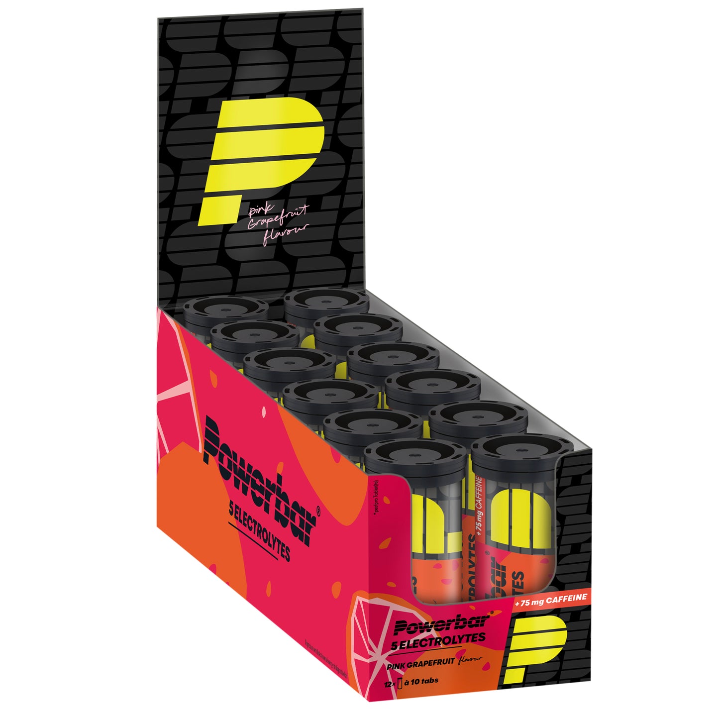 Powerbar-förpackning med elektrolyttabletter i rör med rosa och gul design