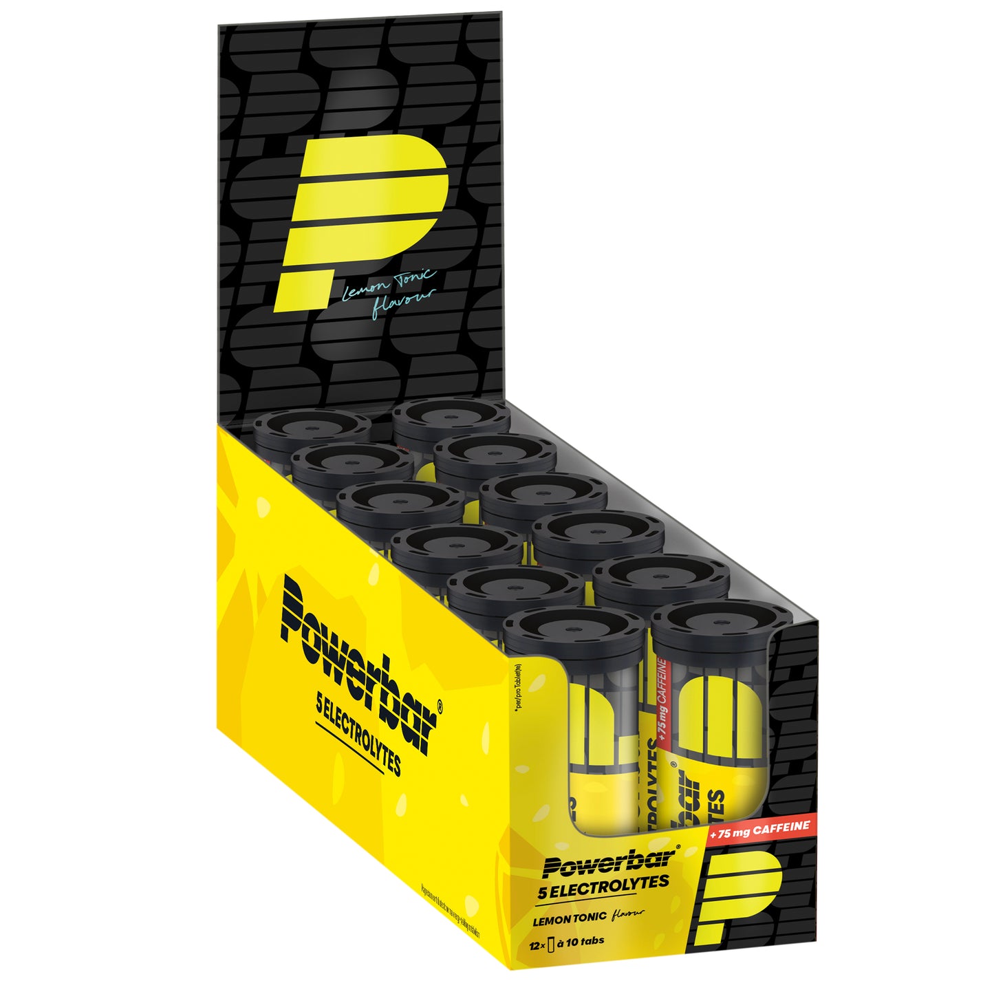 Kartong med Powerbar 5Electrolytes-tablettburkar, gul-svart design