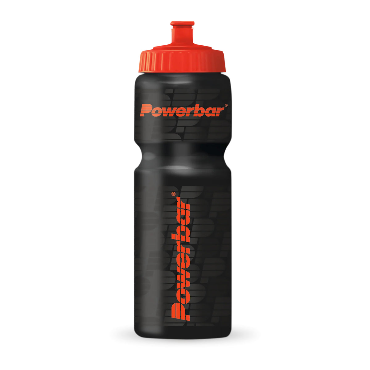 Svart sportflaska med rött skruvlock och Powerbar-tryck i orange