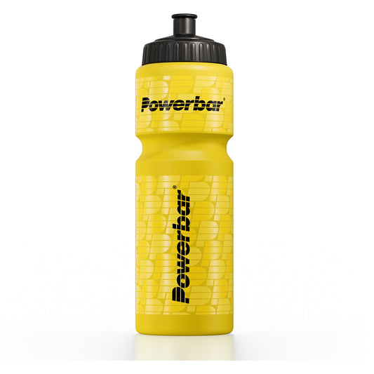 Gul sportflaska med svart skruvlock och Powerbar-logo framtill