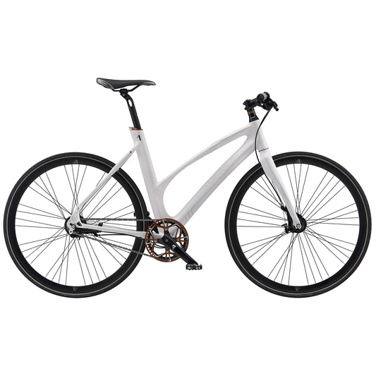 Cykel med vit ram, svarta däck och skivbroms.