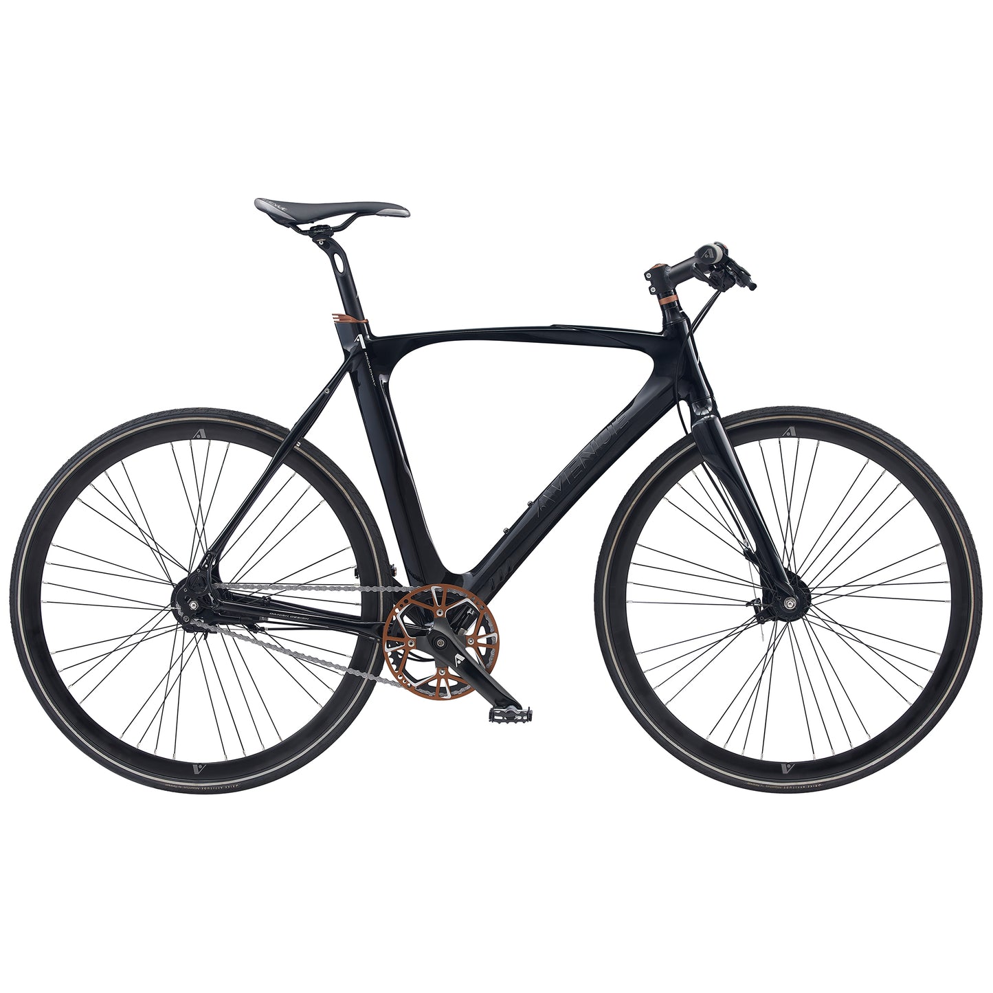 Cykel med mörkblå ram och svart styr, skivbromsar fram och bak