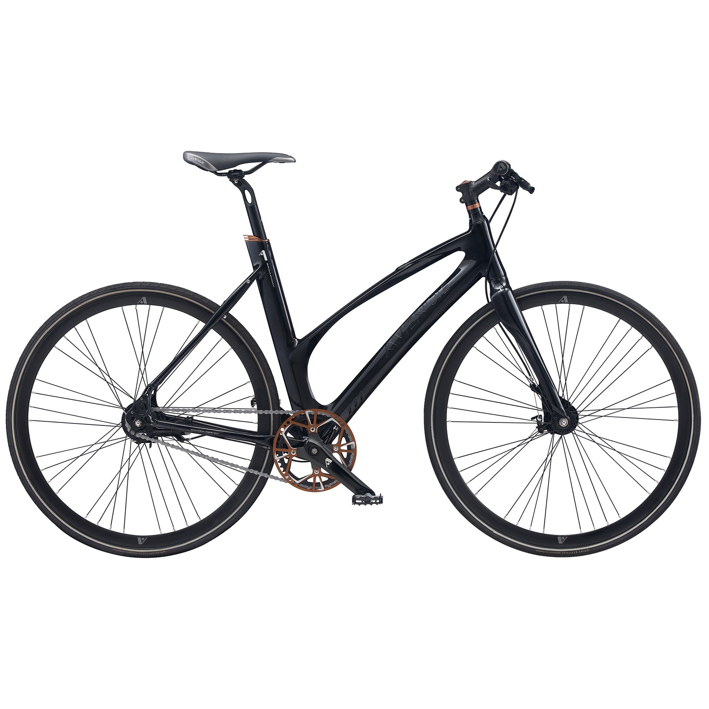 Cykel med svart ram, svarta däck och skivbroms.
