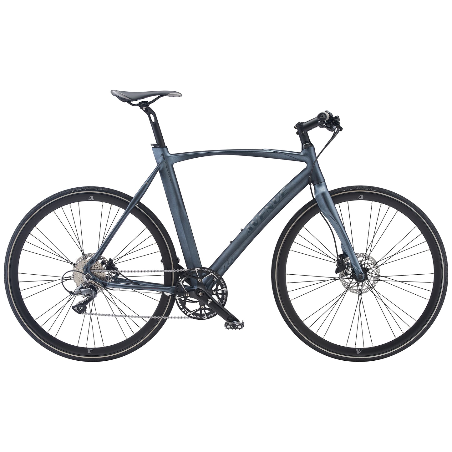 Cykel med mörkblå ram, fram- och bakhjul samt framgaffel