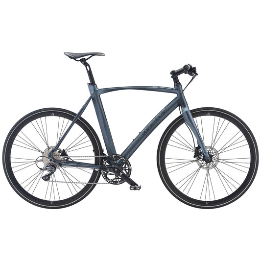 Cykel med mörkblå ram, fram- och bakhjul samt framgaffel