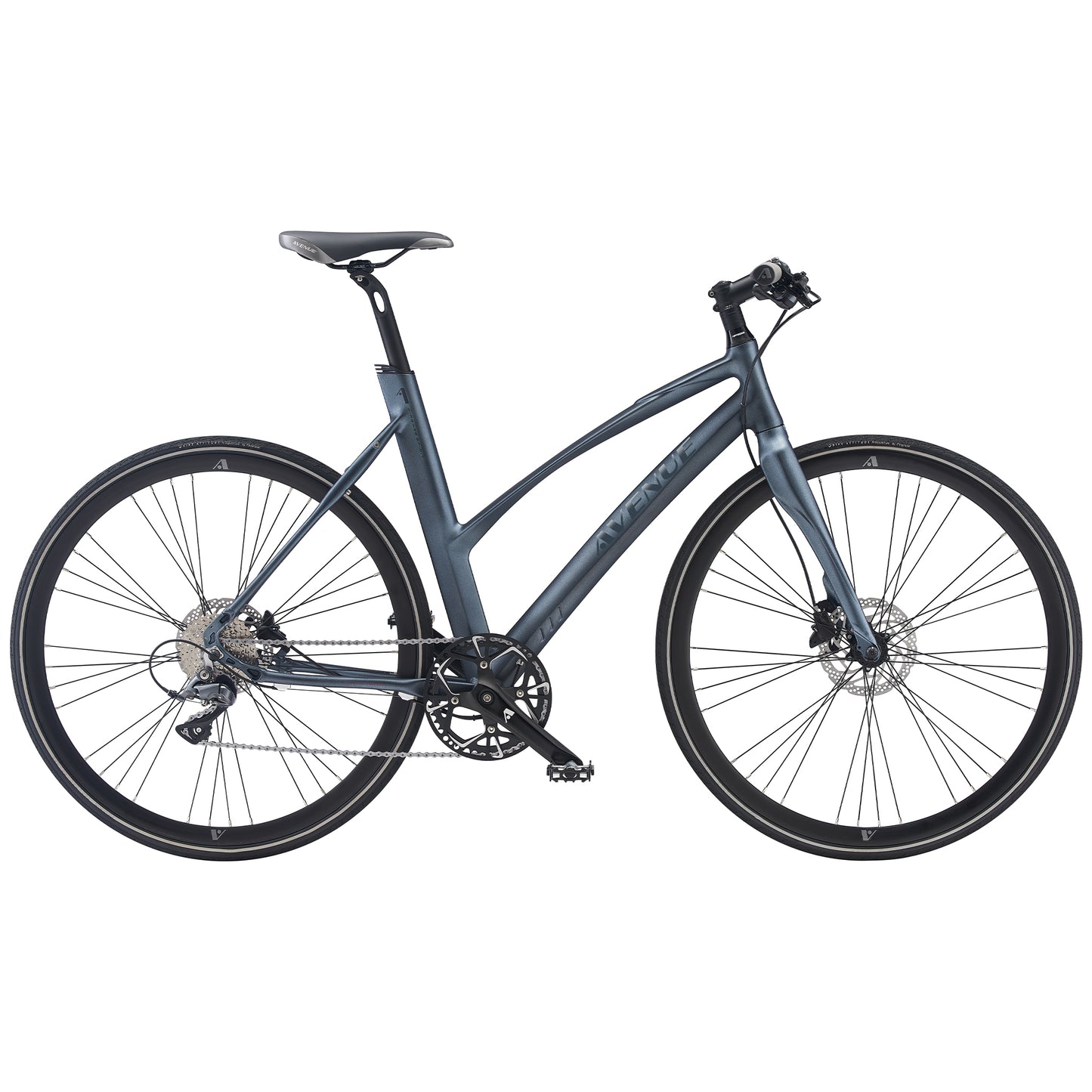 Cykel med mörkblå ram, svarta hjul och framlyse