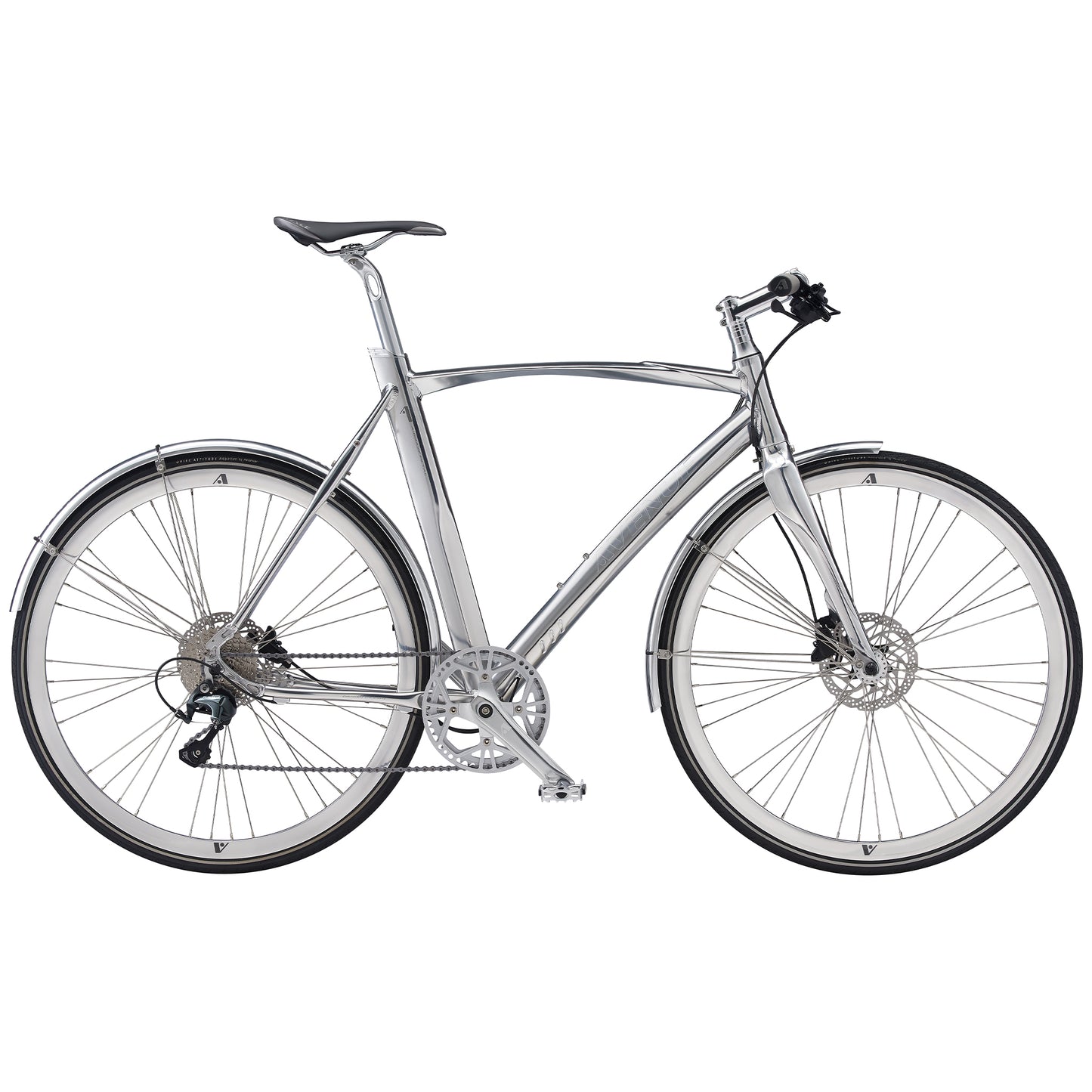 Metallcykel i blank silver med växel och skivbroms, helsida