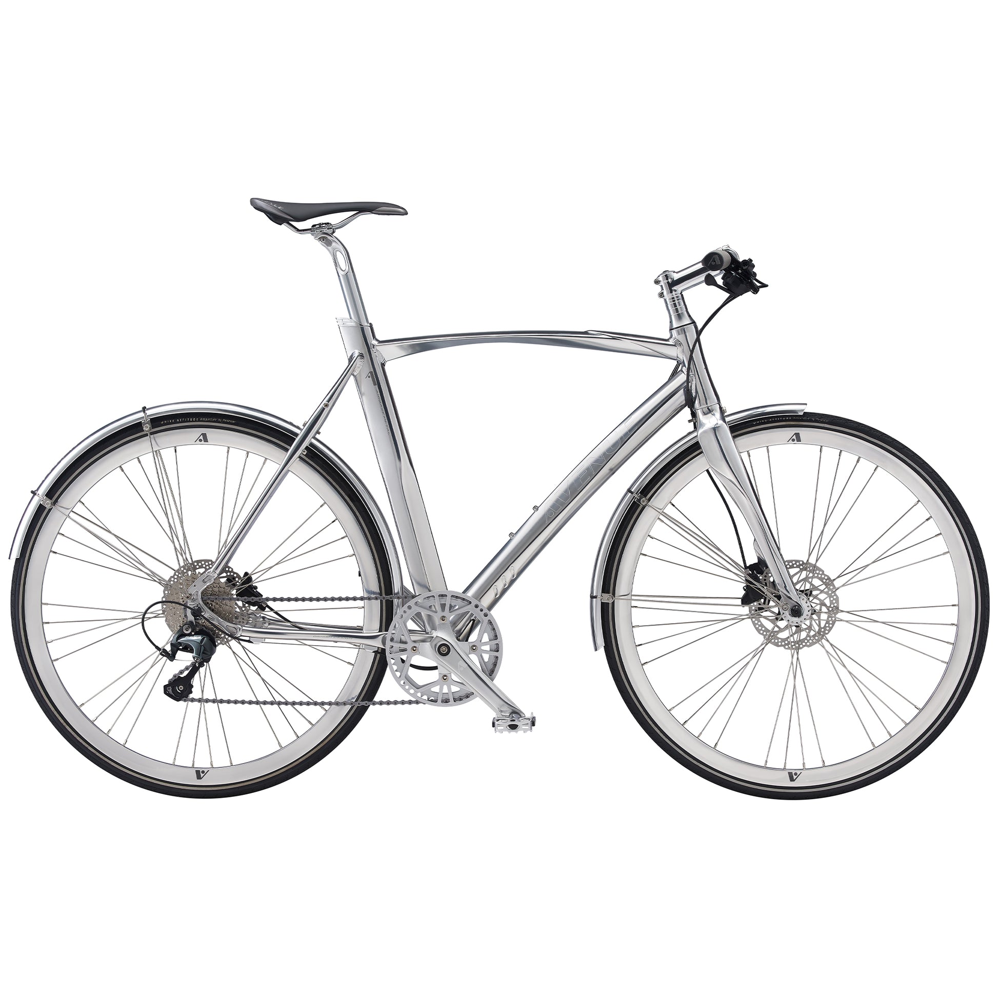 Metallcykel i blank silver med växel och skivbroms, helsida