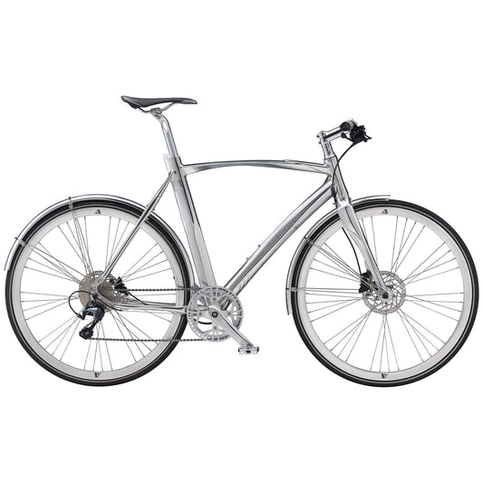 Metallcykel i blank silver med växel och skivbroms, helsida
