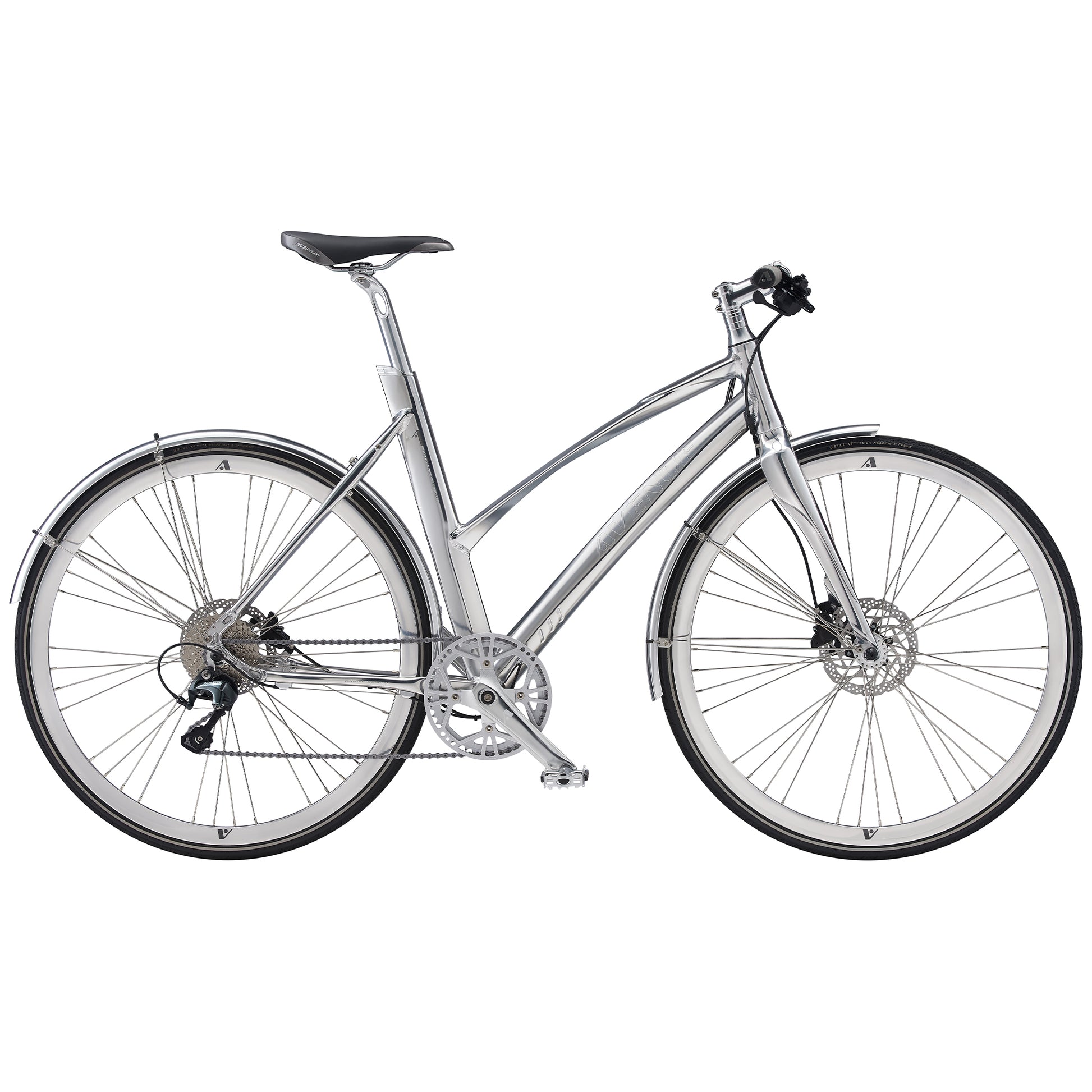 Metallcykel med diamantram, svart sadel, framlykta och skivbromsar